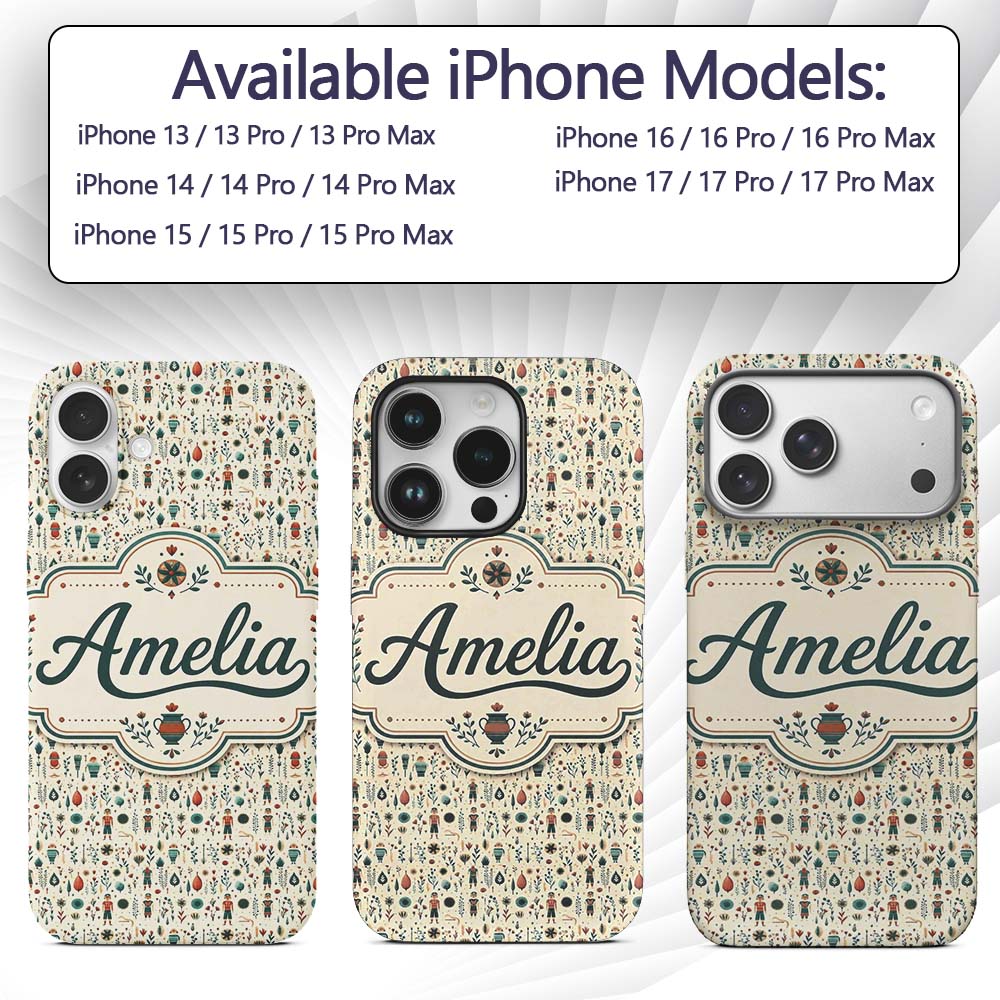 Scandinavian Folk Art Floral and Printed Design Custom Name Protective Phone Case Mobile Cover Durable Everyday Smartphone Shock Resistant