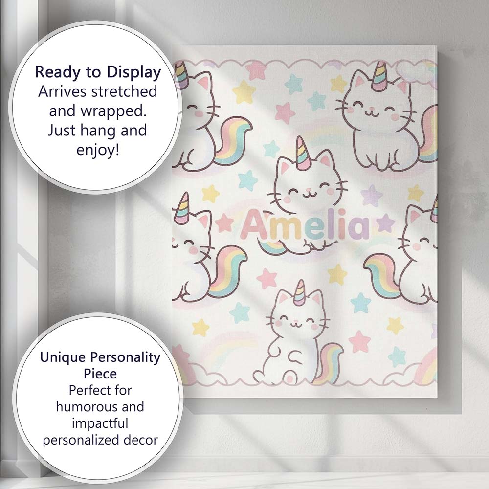Personalised Name Cute Rainbow Unicorn Cat Cartoon Animal Pattern Custom  Bespoke Canvas Wall Art Print Decor Picture Ready to Hang