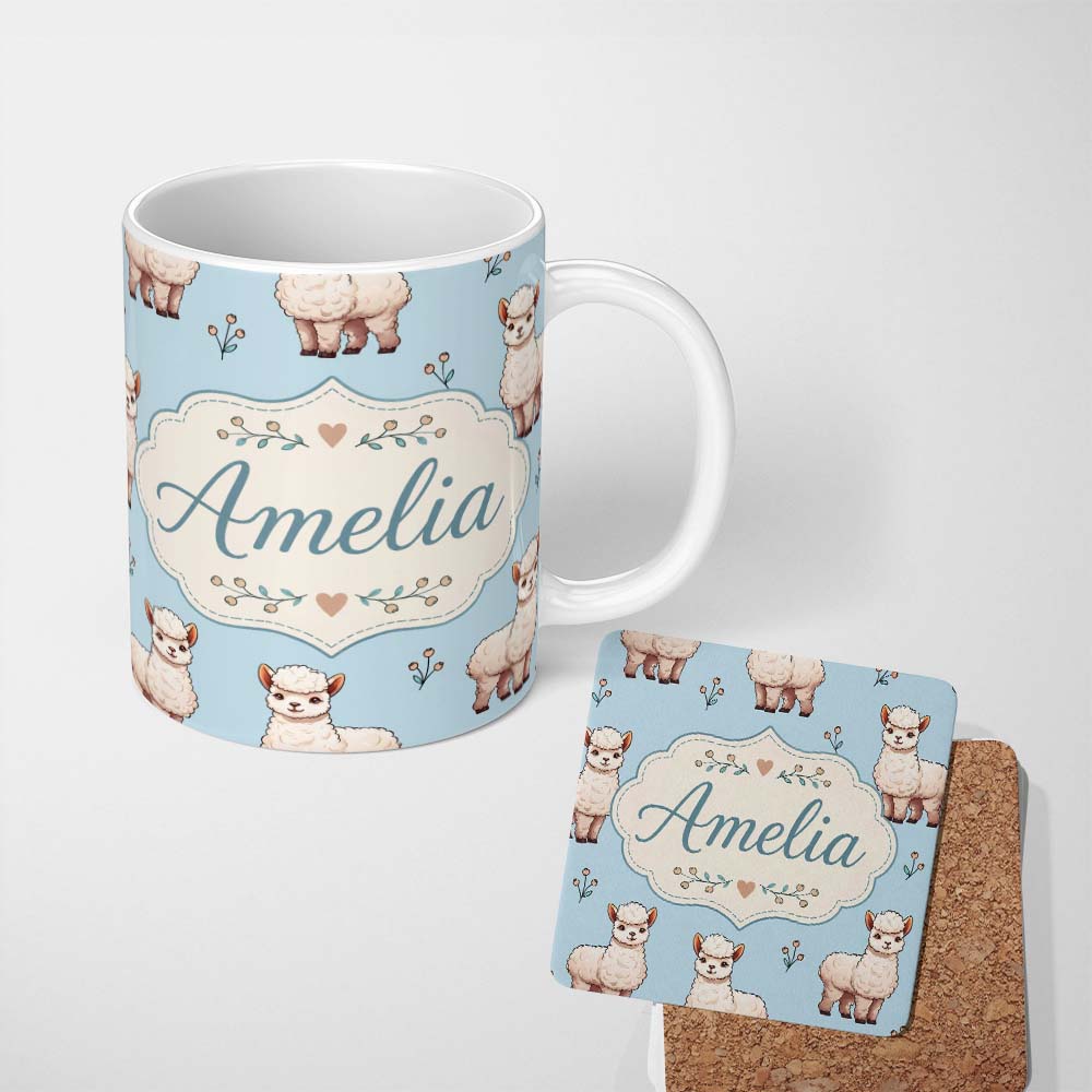 Personalized Custom Name Cute Alpaca Llama Pattern with Floral Sprigs on Soft Blue Background 11oz Ceramic Coffee Tea Mug White Large Handle