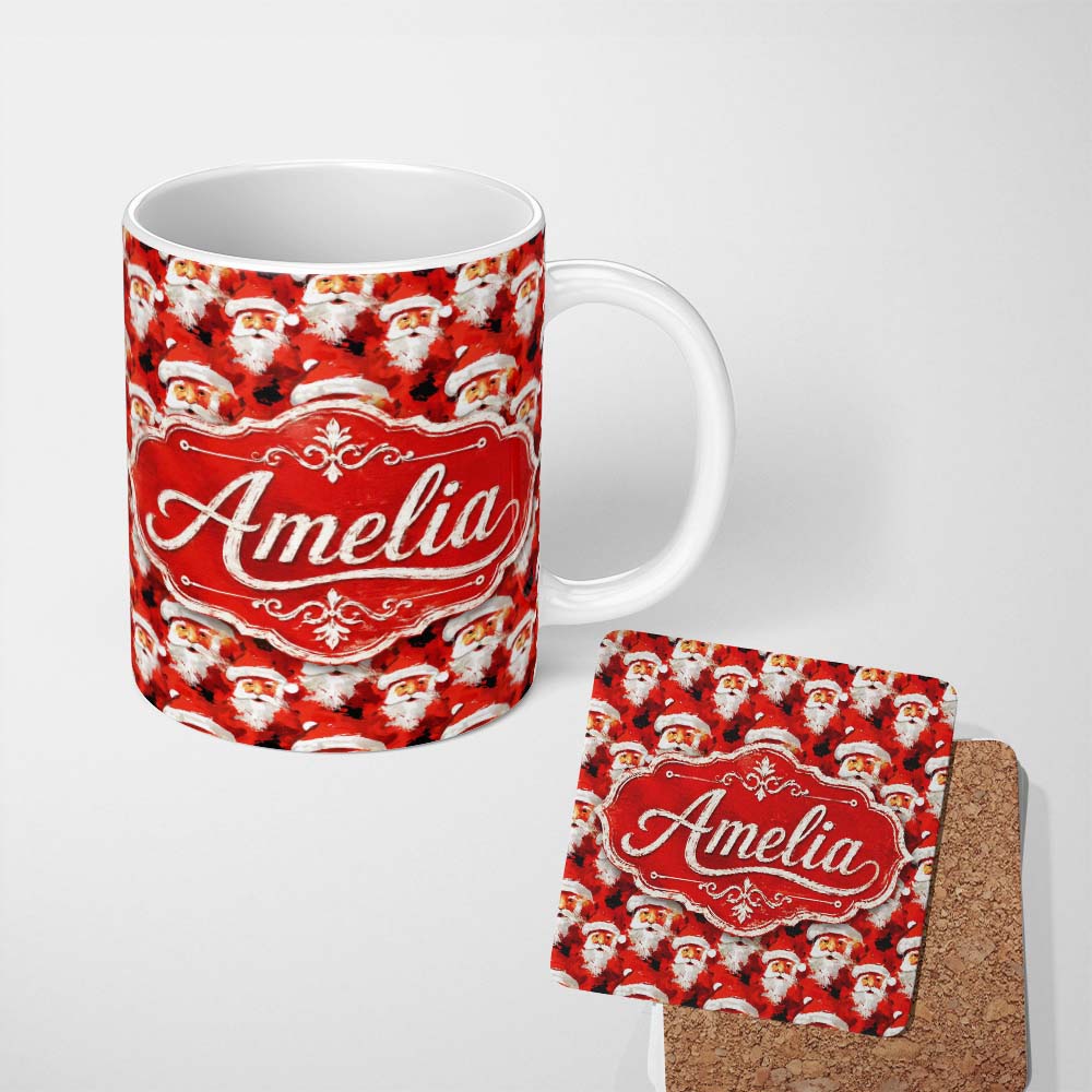 Personalized Custom Name Painterly Santa Faces Red Abstract Christmas Festive Brushstroke 11oz Ceramic Coffee Tea Mug White Large Handle