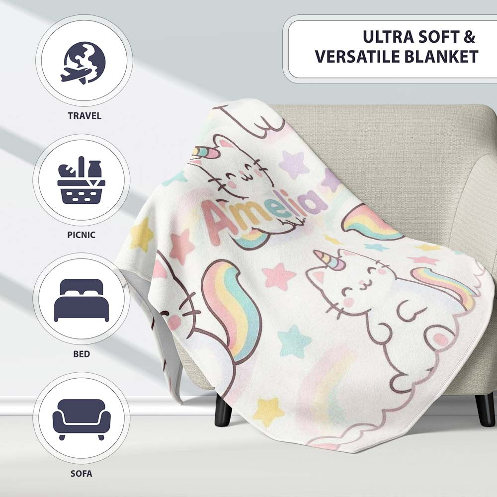 Cute Rainbow Unicorn Cat Cartoon Animal Pattern Perfect Gift for Her  Personalised Custom Name Super Soft Fleece Blanket Bed Sofa Throw