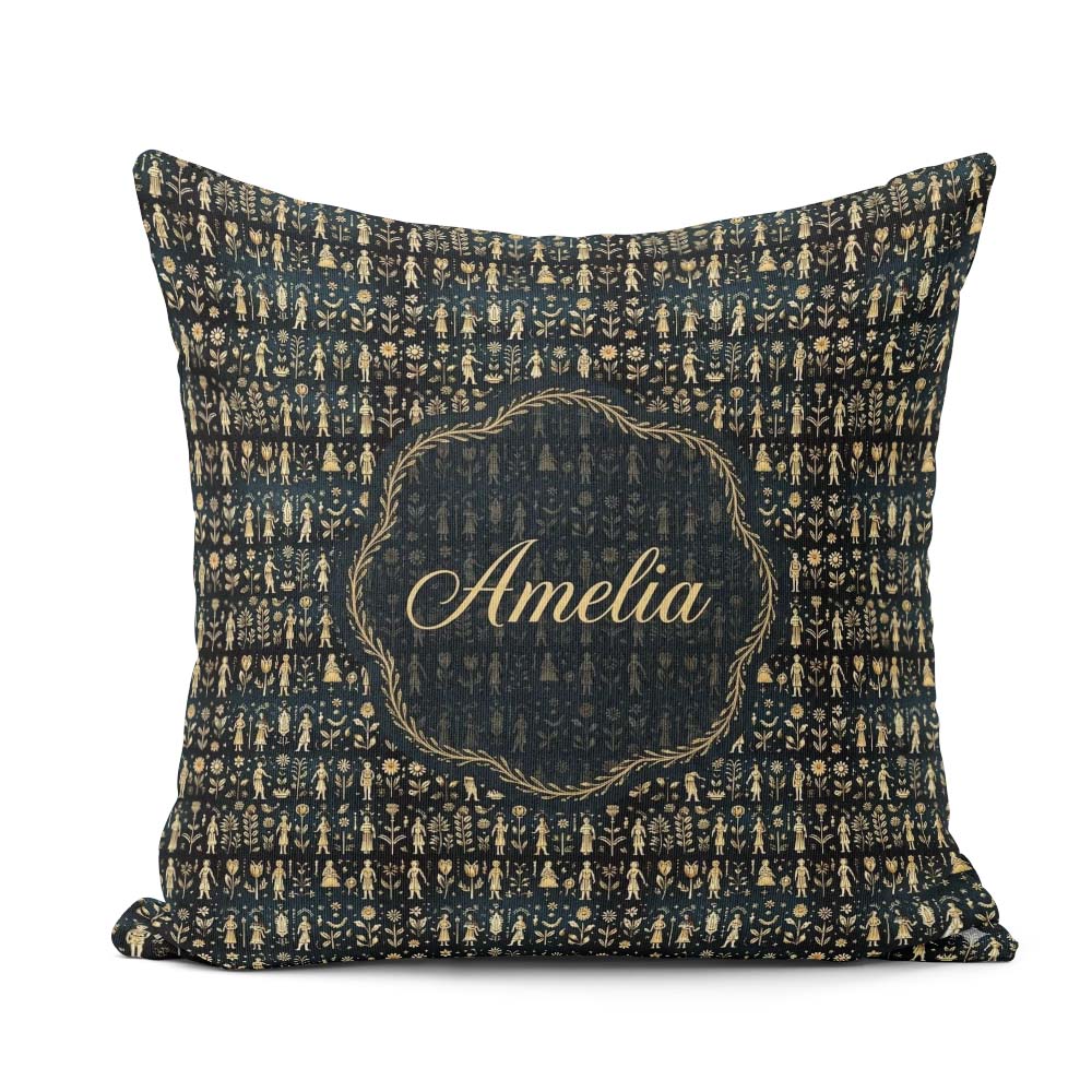Custom Name Gold Botanical Folk Figures on Dark Seamless Pattern Square Filled Cushion Throw Pillow Sofa Bed Home Decor Zip Washable UK Made