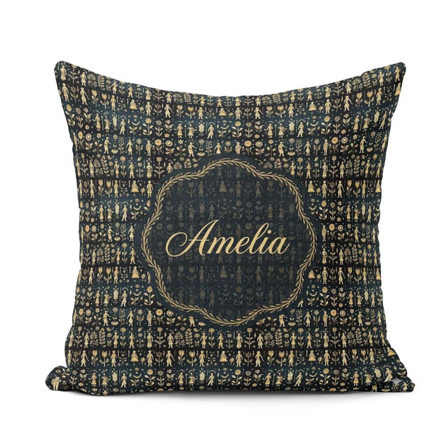 Custom Name Gold Botanical Folk Figures on Dark Seamless Pattern Square Filled Cushion Throw Pillow Sofa Bed Home Decor Zip Washable UK Made