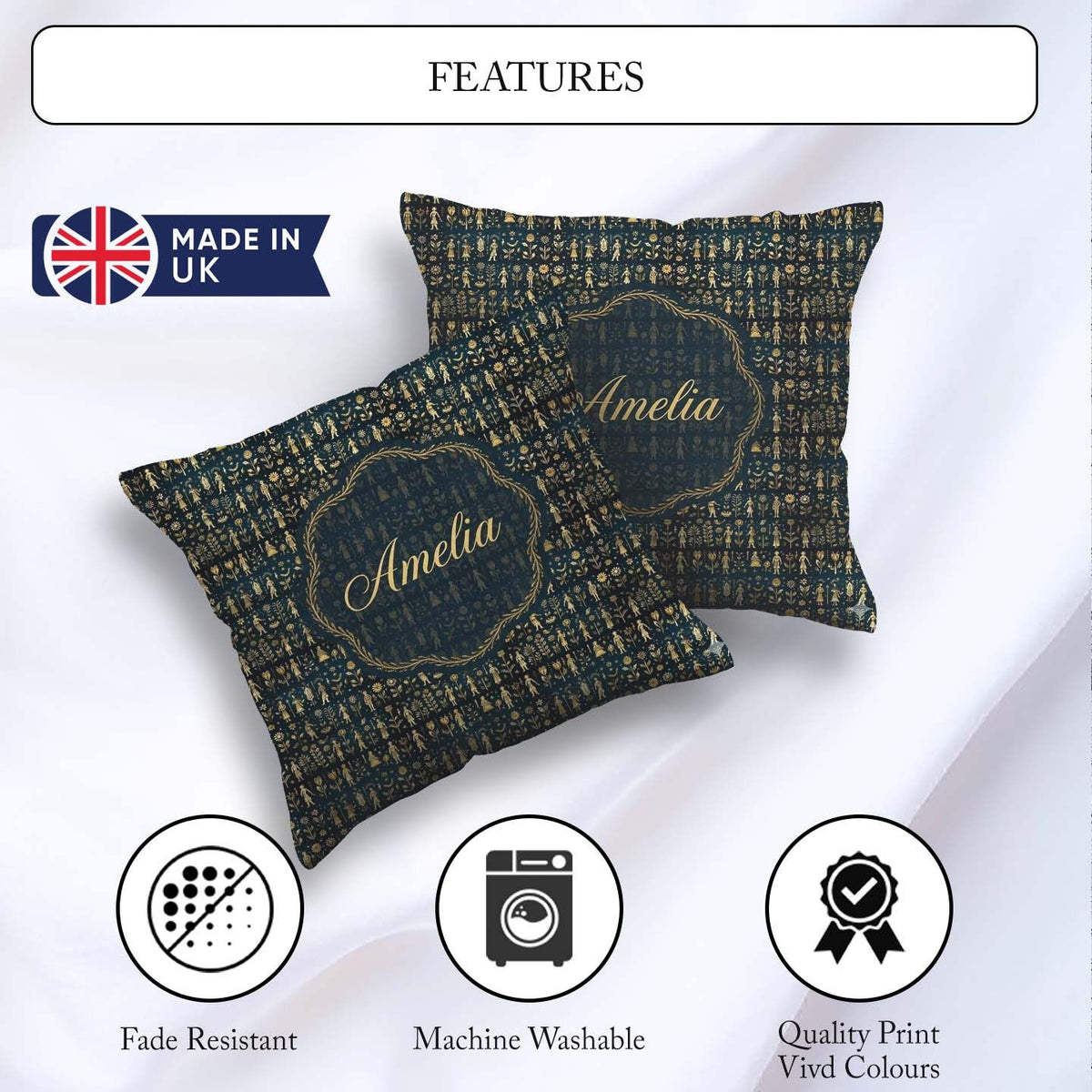 Custom Name Gold Botanical Folk Figures on Dark Seamless Pattern Square Filled Cushion Throw Pillow Sofa Bed Home Decor Zip Washable UK Made