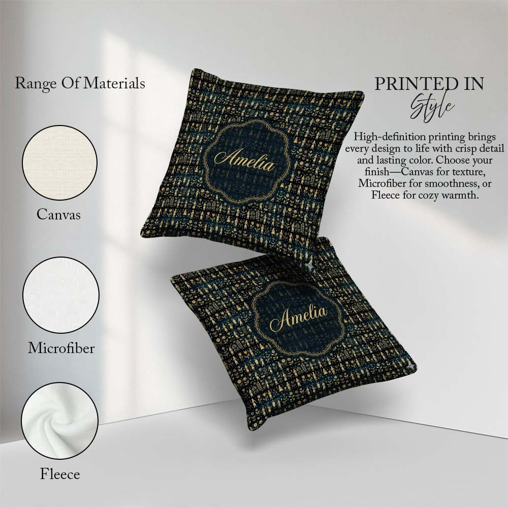 Custom Name Gold Botanical Folk Figures on Dark Seamless Pattern Square Filled Cushion Throw Pillow Sofa Bed Home Decor Zip Washable UK Made