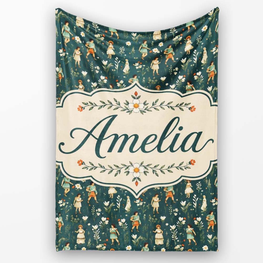 Vintage Children Floral Meadow Seamless Pattern Classic Storybook  Personalised Custom Name Super Soft Fleece Blanket Bed Sofa Throw