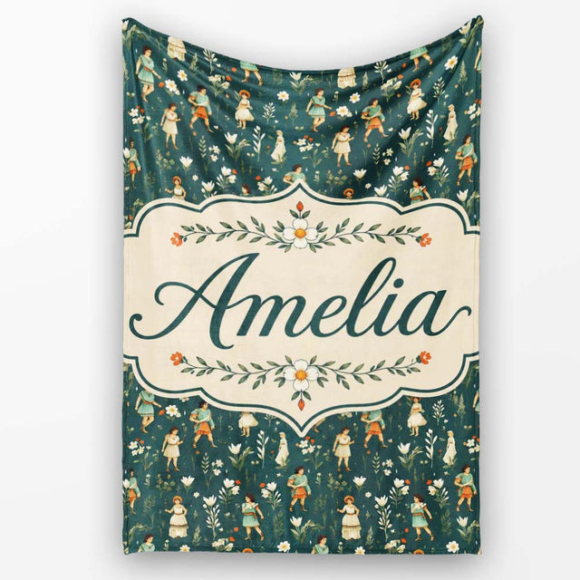 Vintage Children Floral Meadow Seamless Pattern Classic Storybook  Personalised Custom Name Super Soft Fleece Blanket Bed Sofa Throw