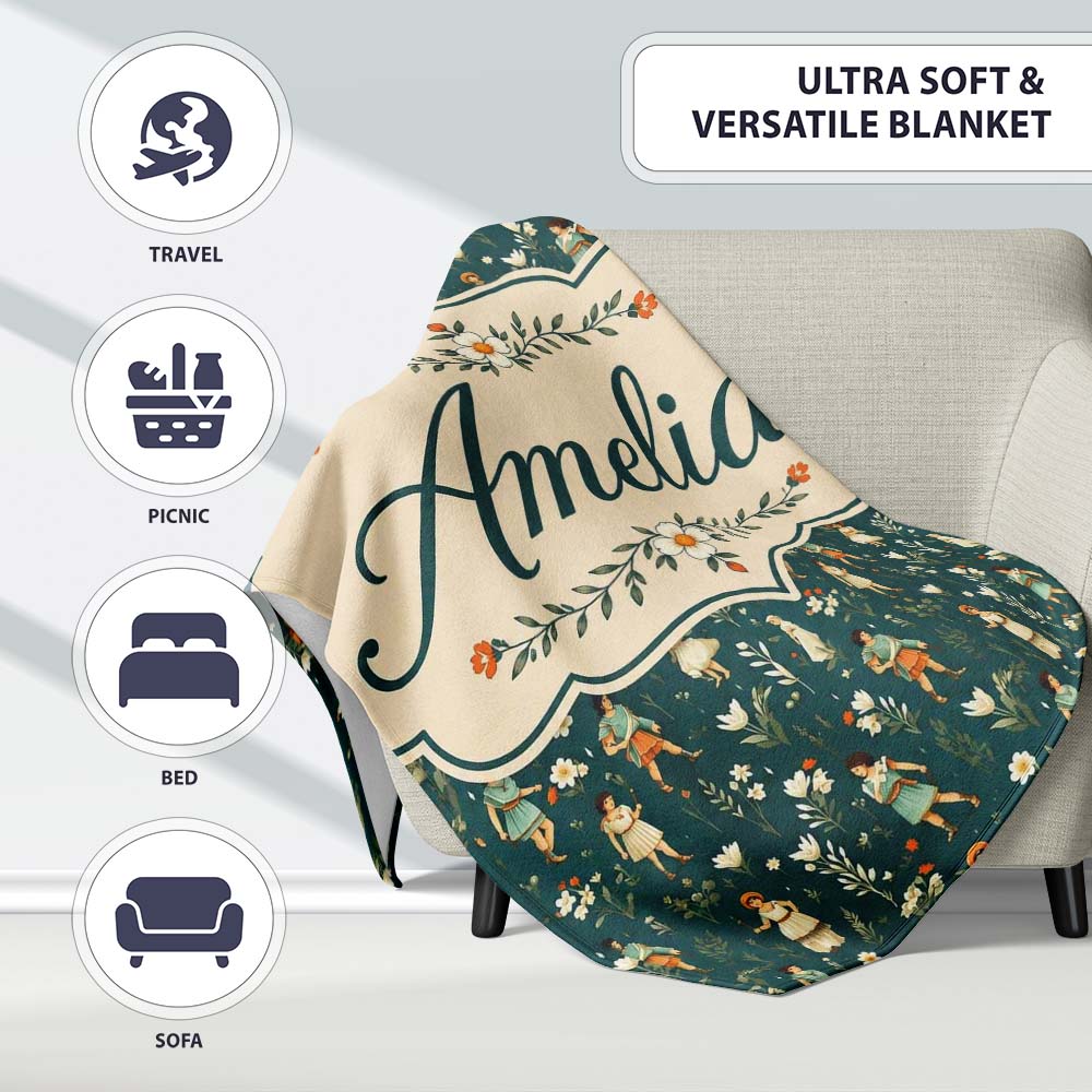 Vintage Children Floral Meadow Seamless Pattern Classic Storybook  Personalised Custom Name Super Soft Fleece Blanket Bed Sofa Throw