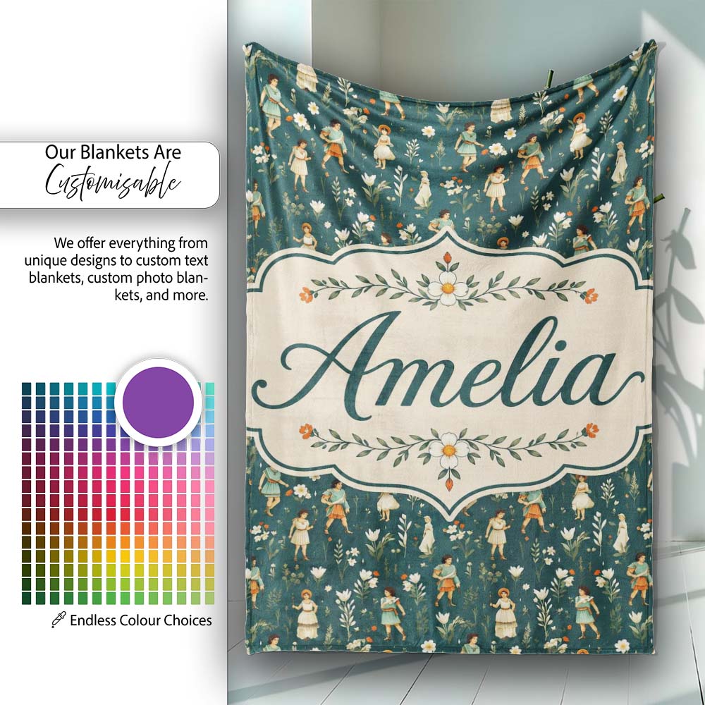 Vintage Children Floral Meadow Seamless Pattern Classic Storybook  Personalised Custom Name Super Soft Fleece Blanket Bed Sofa Throw