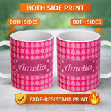 Personalized Custom Name Minimal Pink Christmas Trees Geometric Seamless Pattern Lovely 11oz Ceramic Coffee Tea Mug White Large Handle