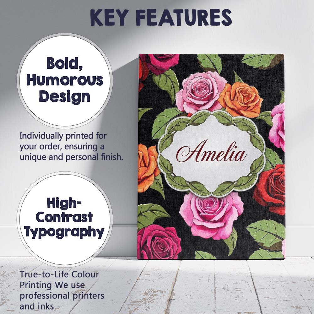 Personalised Name Realistic Rose Flower Custom  Modern Room Accent Elegant Feature Canvas Wall Art Print Decor Picture Ready to Hang
