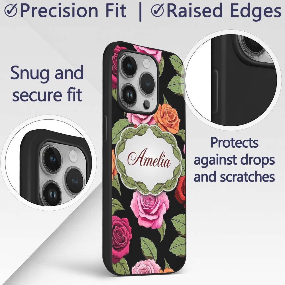 Realistic Rose Flower Seamless Pattern Red Pink Custom Name Protective Phone Case Mobile Cover Durable Everyday Smartphone Shock Resistant
