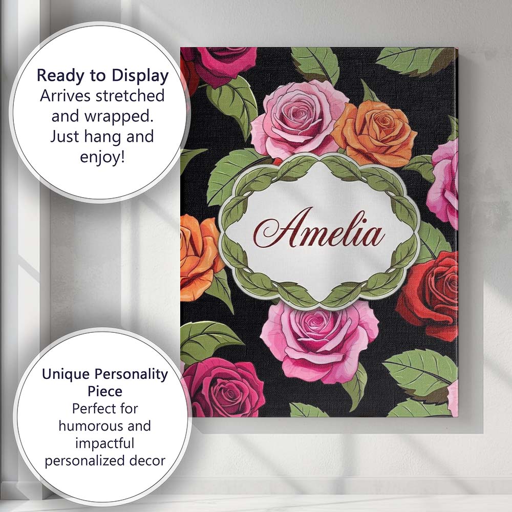 Personalised Name Realistic Rose Flower Custom  Modern Room Accent Elegant Feature Canvas Wall Art Print Decor Picture Ready to Hang