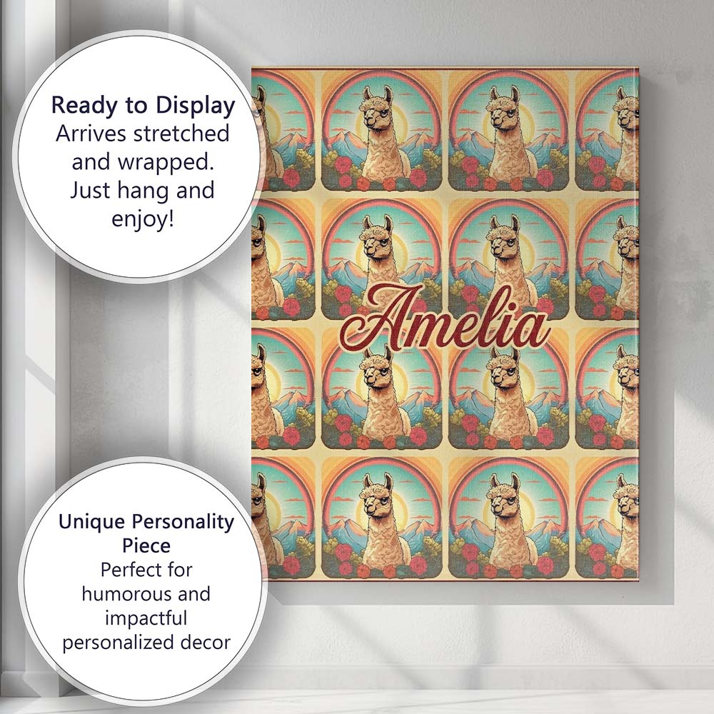 Personalised Name Alpaca Rainbow Floral Landscape Pattern Artistic Custom  Unique Canvas Wall Art Print Decor Picture Ready to Hang
