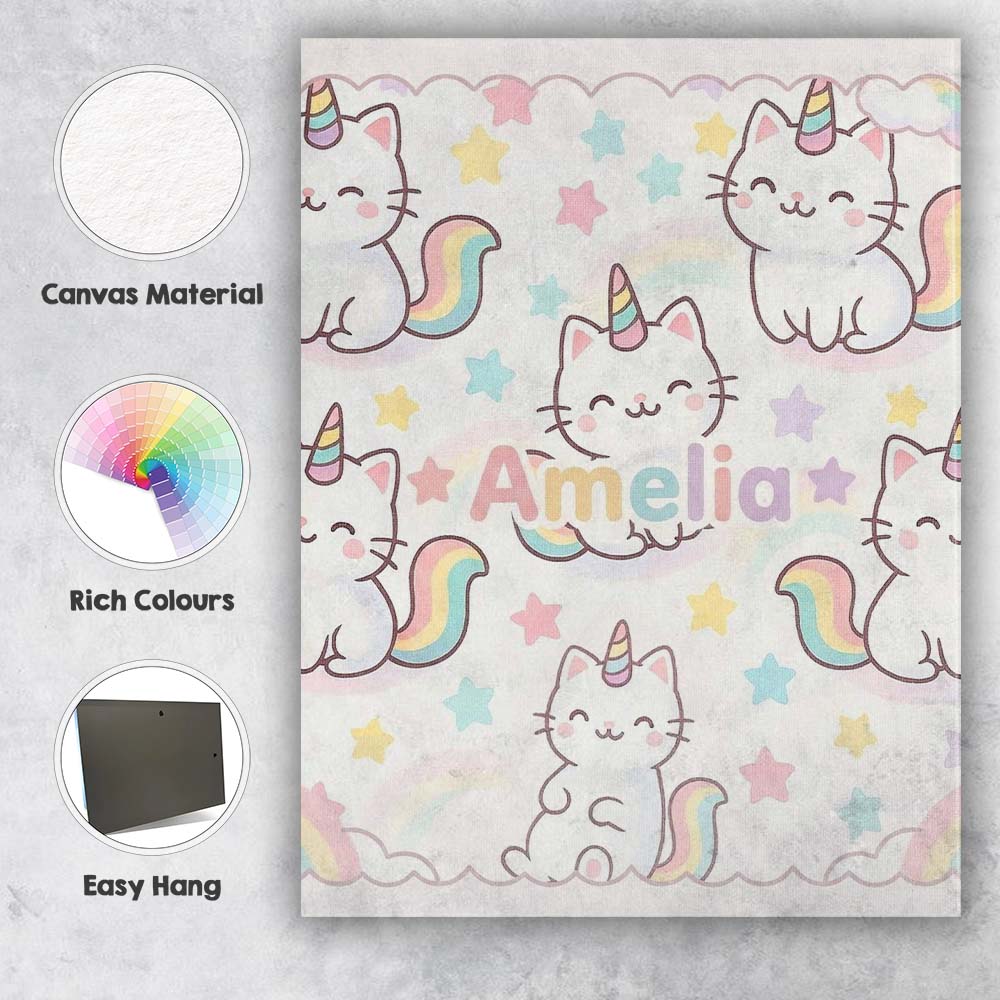 Personalised Name Cute Rainbow Unicorn Cat Cartoon Animal Pattern Custom  Bespoke Canvas Wall Art Print Decor Picture Ready to Hang