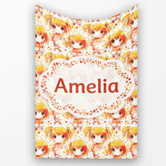 Cute Anime Girl Orange Watercolour Pattern Kawaii Character Design  Personalised Custom Name Super Soft Fleece Blanket Bed Sofa Throw
