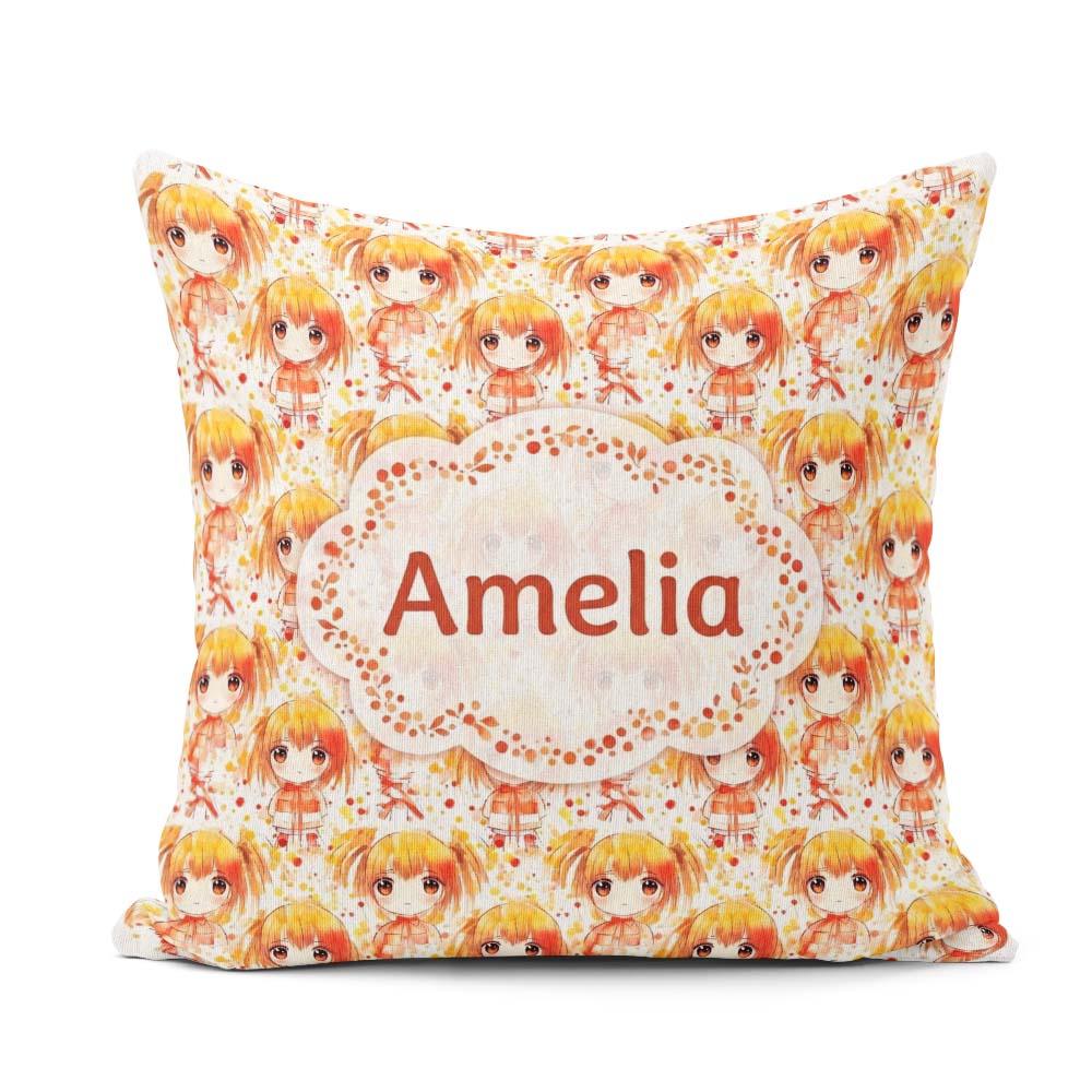 Custom Name Anime Girl Orange Watercolour Pattern Kawaii Design Square Filled Cushion Throw Pillow Sofa Bed Home Decor Zip Washable UK Made
