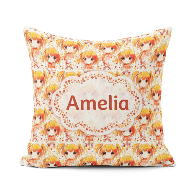 Custom Name Anime Girl Orange Watercolour Pattern Kawaii Design Square Filled Cushion Throw Pillow Sofa Bed Home Decor Zip Washable UK Made