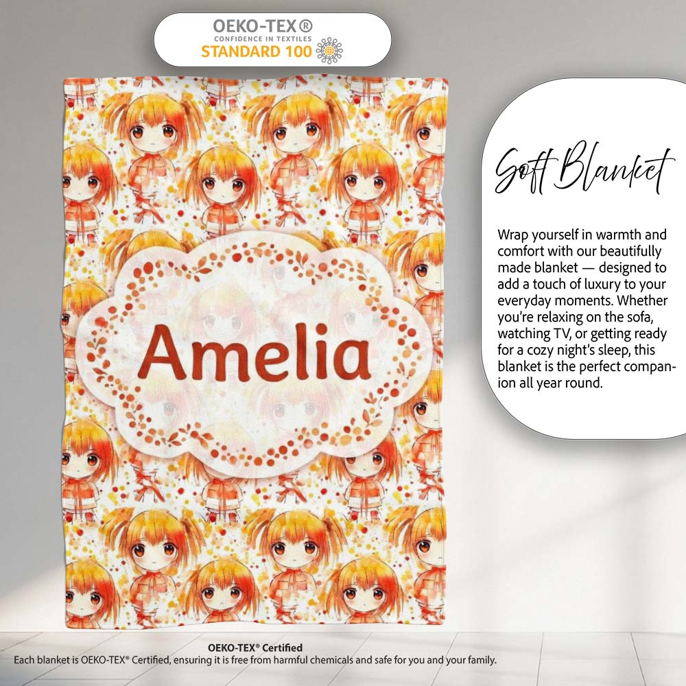 Cute Anime Girl Orange Watercolour Pattern Kawaii Character Design  Personalised Custom Name Super Soft Fleece Blanket Bed Sofa Throw