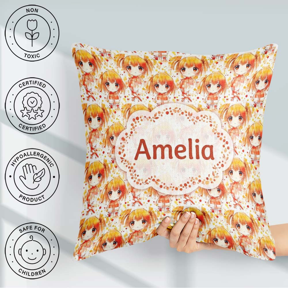 Custom Name Anime Girl Orange Watercolour Pattern Kawaii Design Square Filled Cushion Throw Pillow Sofa Bed Home Decor Zip Washable UK Made