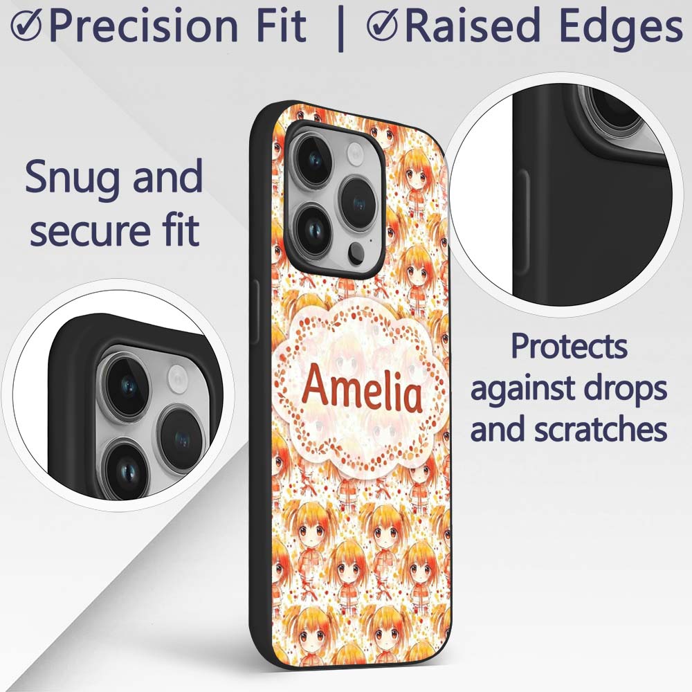 Cute Anime Girl Orange Watercolour Pattern Kawaii Custom Name Protective Phone Case Mobile Cover Durable Everyday Smartphone Shock Resistant