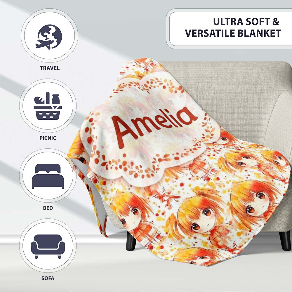 Cute Anime Girl Orange Watercolour Pattern Kawaii Character Design  Personalised Custom Name Super Soft Fleece Blanket Bed Sofa Throw