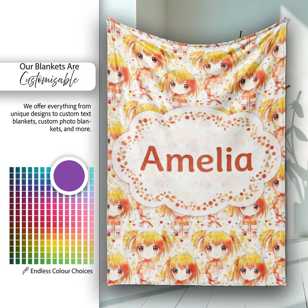 Cute Anime Girl Orange Watercolour Pattern Kawaii Character Design  Personalised Custom Name Super Soft Fleece Blanket Bed Sofa Throw