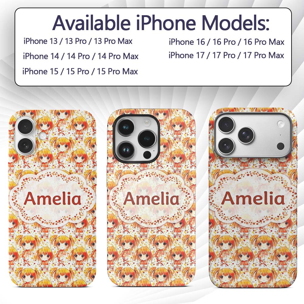 Cute Anime Girl Orange Watercolour Pattern Kawaii Custom Name Protective Phone Case Mobile Cover Durable Everyday Smartphone Shock Resistant