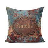 Custom Name Abstract Rust Patina Teal Blue Oxidised Metal Grunge Square Filled Cushion Throw Pillow Sofa Bed Home Decor Zip Washable UK Made