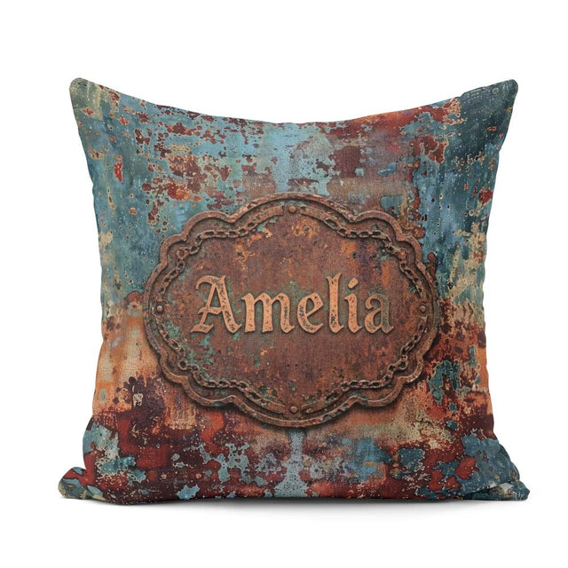 Custom Name Abstract Rust Patina Teal Blue Oxidised Metal Grunge Square Filled Cushion Throw Pillow Sofa Bed Home Decor Zip Washable UK Made