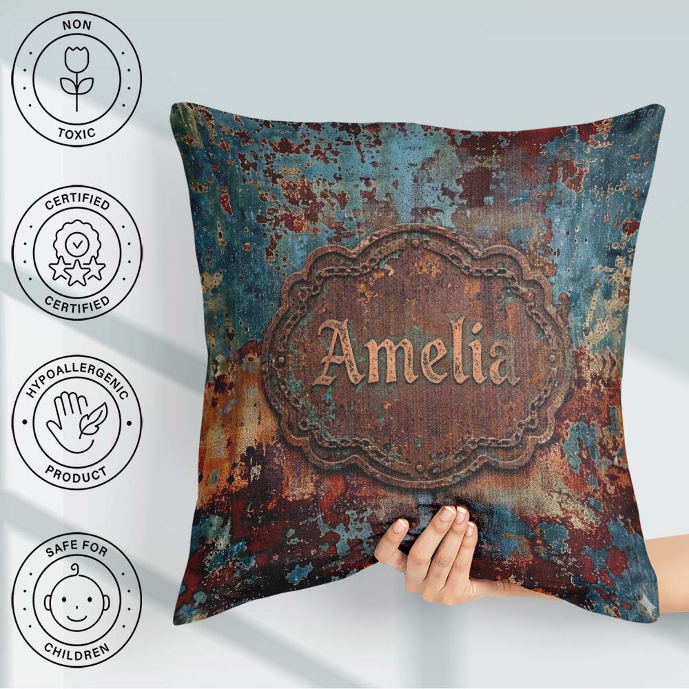 Custom Name Abstract Rust Patina Teal Blue Oxidised Metal Grunge Square Filled Cushion Throw Pillow Sofa Bed Home Decor Zip Washable UK Made