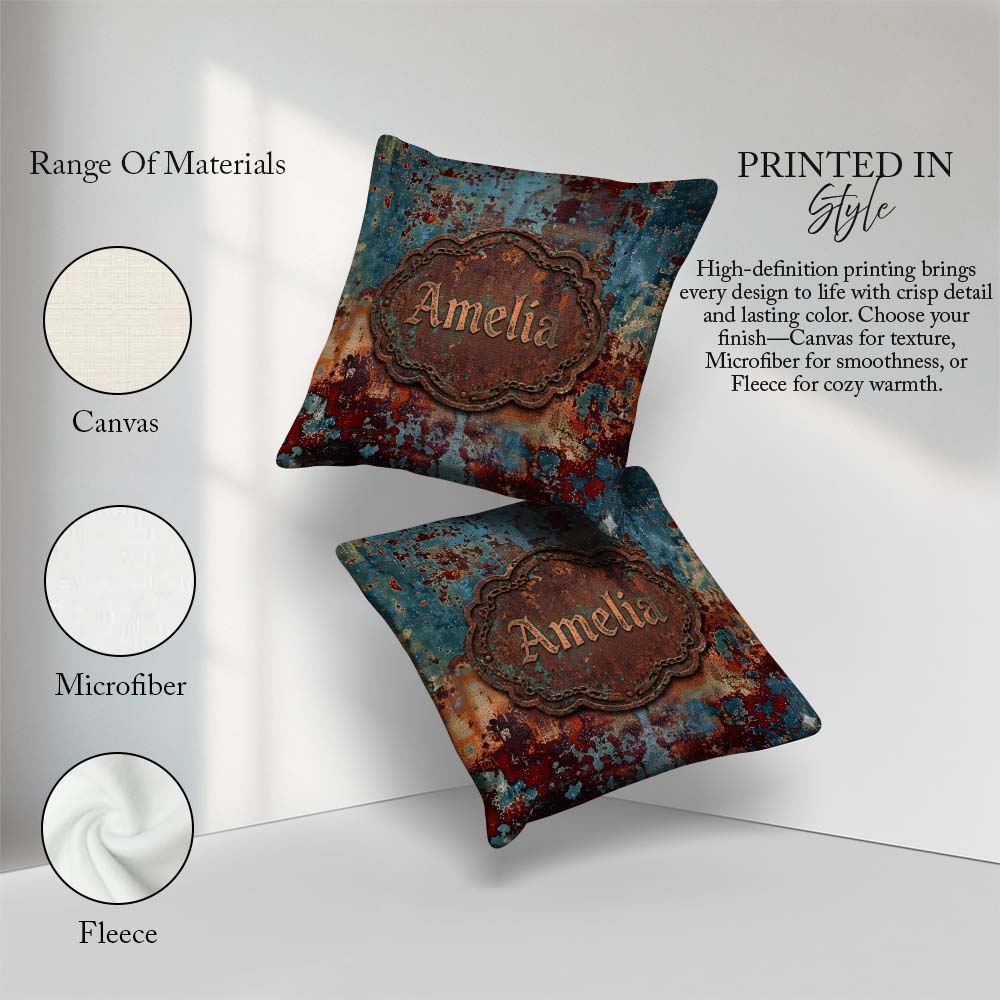 Custom Name Abstract Rust Patina Teal Blue Oxidised Metal Grunge Square Filled Cushion Throw Pillow Sofa Bed Home Decor Zip Washable UK Made