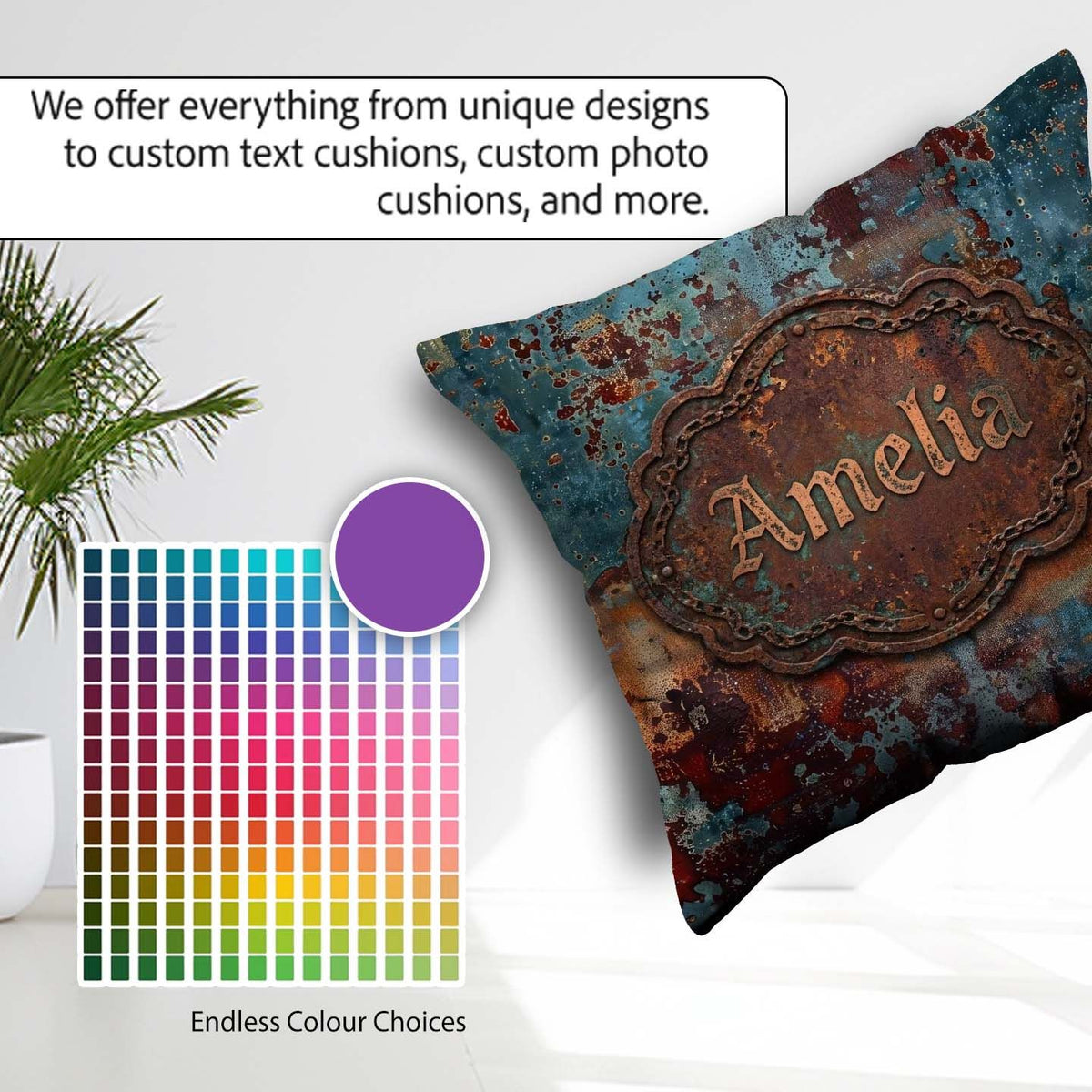 Custom Name Abstract Rust Patina Teal Blue Oxidised Metal Grunge Square Filled Cushion Throw Pillow Sofa Bed Home Decor Zip Washable UK Made