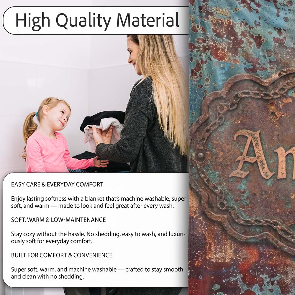 Abstract Rust Patina Texture Teal Blue Oxidised Metal Grunge Lovely  Personalised Custom Name Super Soft Fleece Blanket Bed Sofa Throw