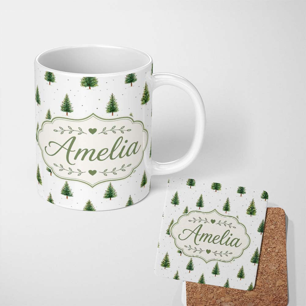 Personalized Custom Name Minimal Christmas Tree Watercolor Pattern with Snow Dots Winter 11oz Ceramic Coffee Tea Mug White Large Handle
