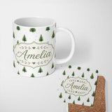 Personalized Custom Name Minimal Christmas Tree Watercolor Pattern with Snow Dots Winter 11oz Ceramic Coffee Tea Mug White Large Handle