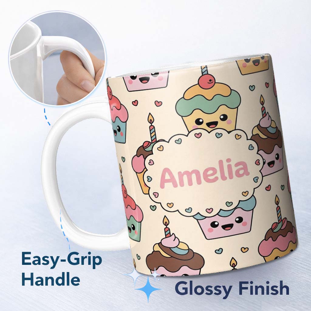 Personalized Custom Name Cute Kawaii Birthday Cupcakes Hearts Candle Sprinkles Pastel Lovely 11oz Ceramic Coffee Tea Mug White Large Handle