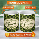 Personalized Custom Name Elegant Olive Green Art Deco Leaf on Cream Background Style Lovely 11oz Ceramic Coffee Tea Mug White Large Handle