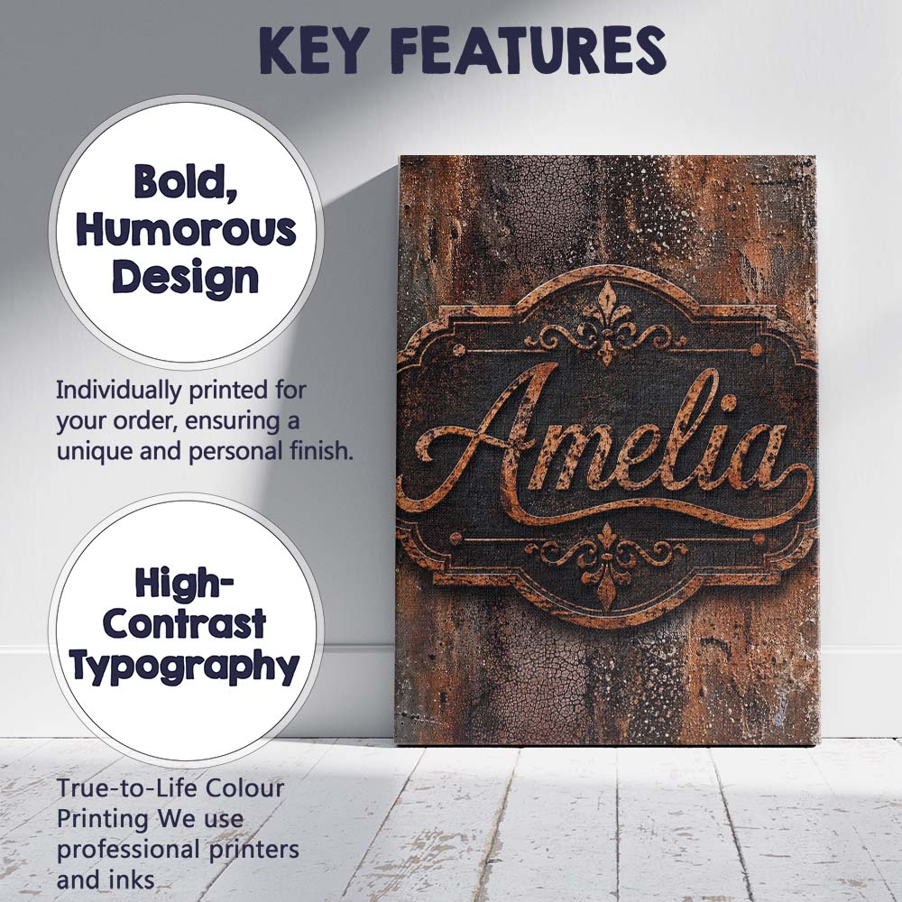 Personalised Name Distressed Rust Metal Custom  Modern Room Accent Elegant Feature Canvas Wall Art Print Decor Picture Ready to Hang