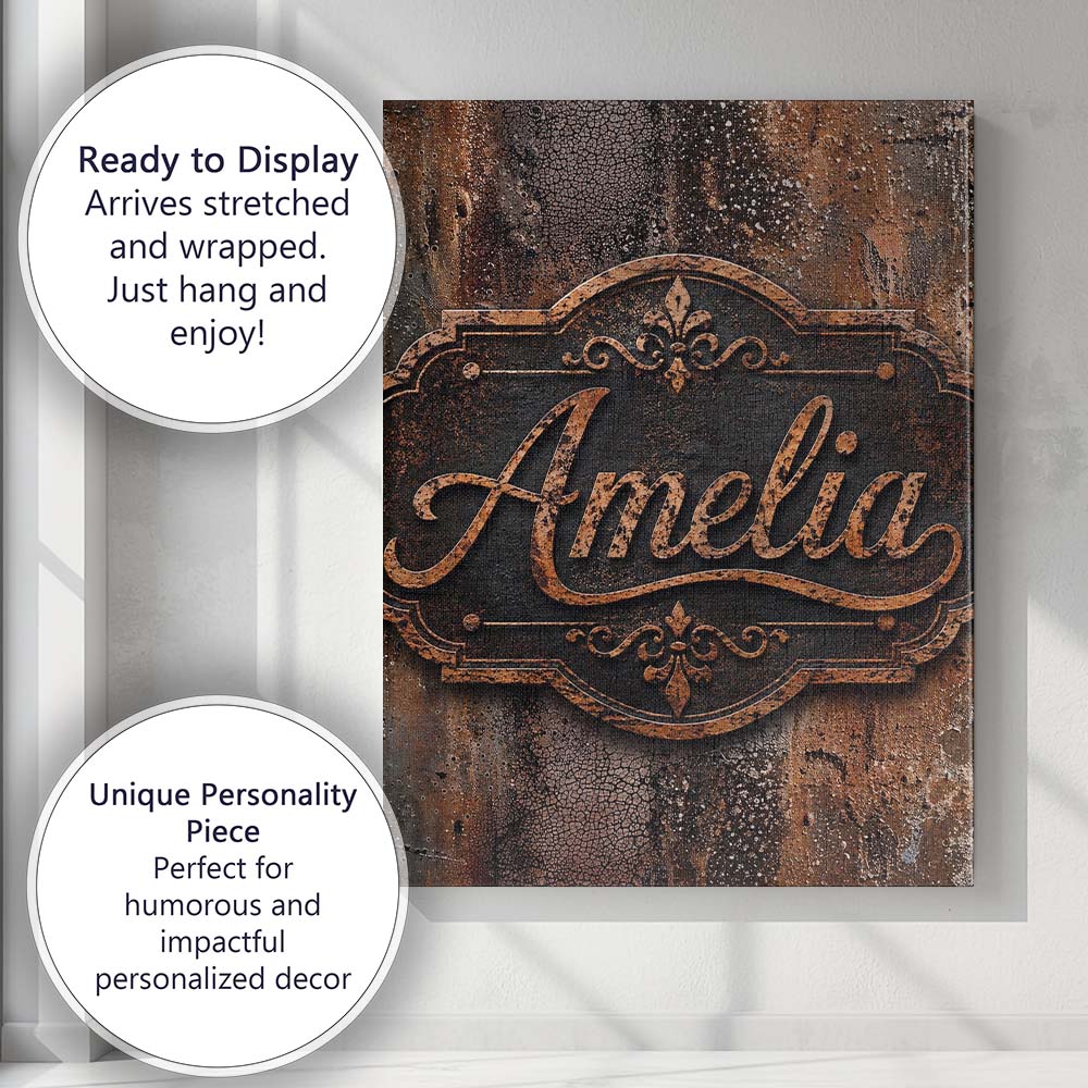 Personalised Name Distressed Rust Metal Custom  Modern Room Accent Elegant Feature Canvas Wall Art Print Decor Picture Ready to Hang