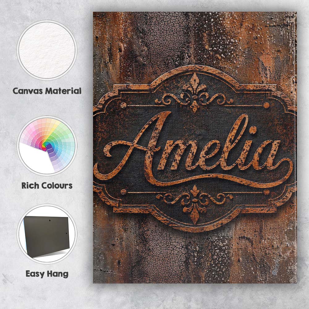 Personalised Name Distressed Rust Metal Custom  Modern Room Accent Elegant Feature Canvas Wall Art Print Decor Picture Ready to Hang