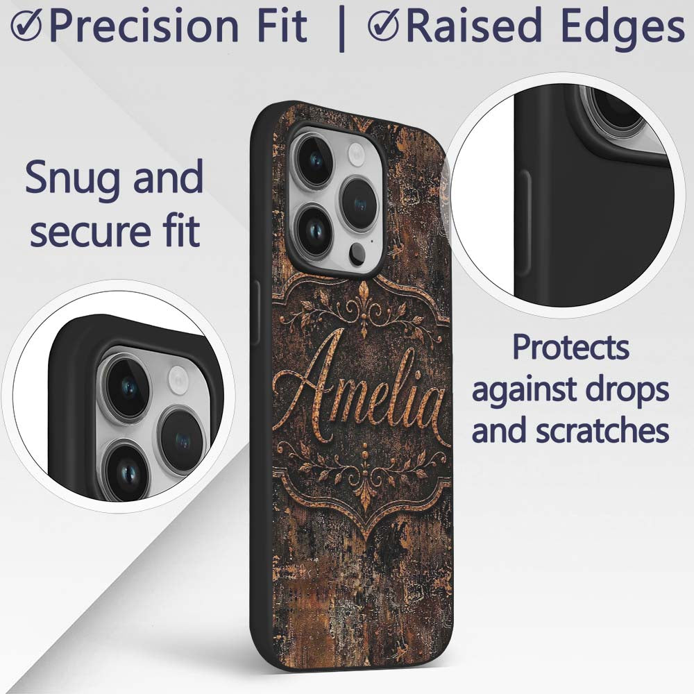 Vintage Metal Rust Patina Texture Dark Industrial Custom Name Protective Phone Case Mobile Cover Durable Everyday Smartphone Shock Resistant