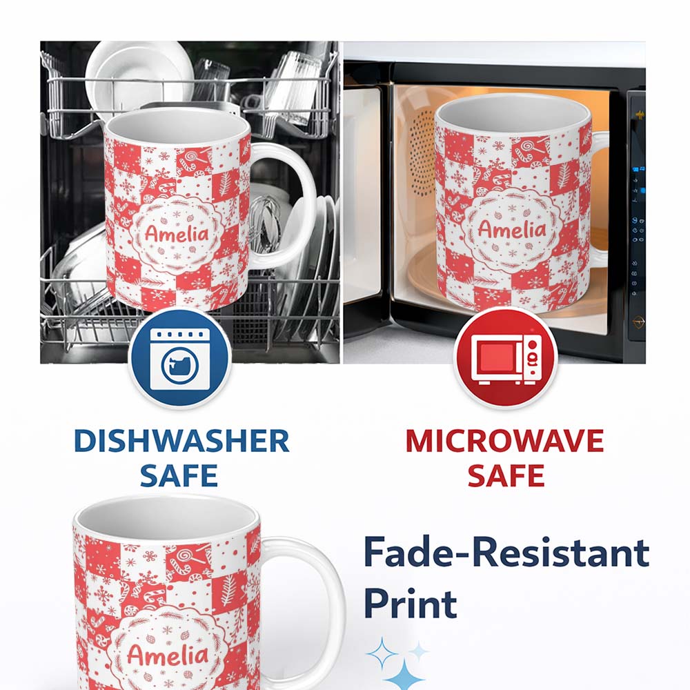 Personalized Custom Name Festive Candy Cane Snowflake Checkerboard Christmas Seamless Pattern 11oz Ceramic Coffee Tea Mug White Large Handle