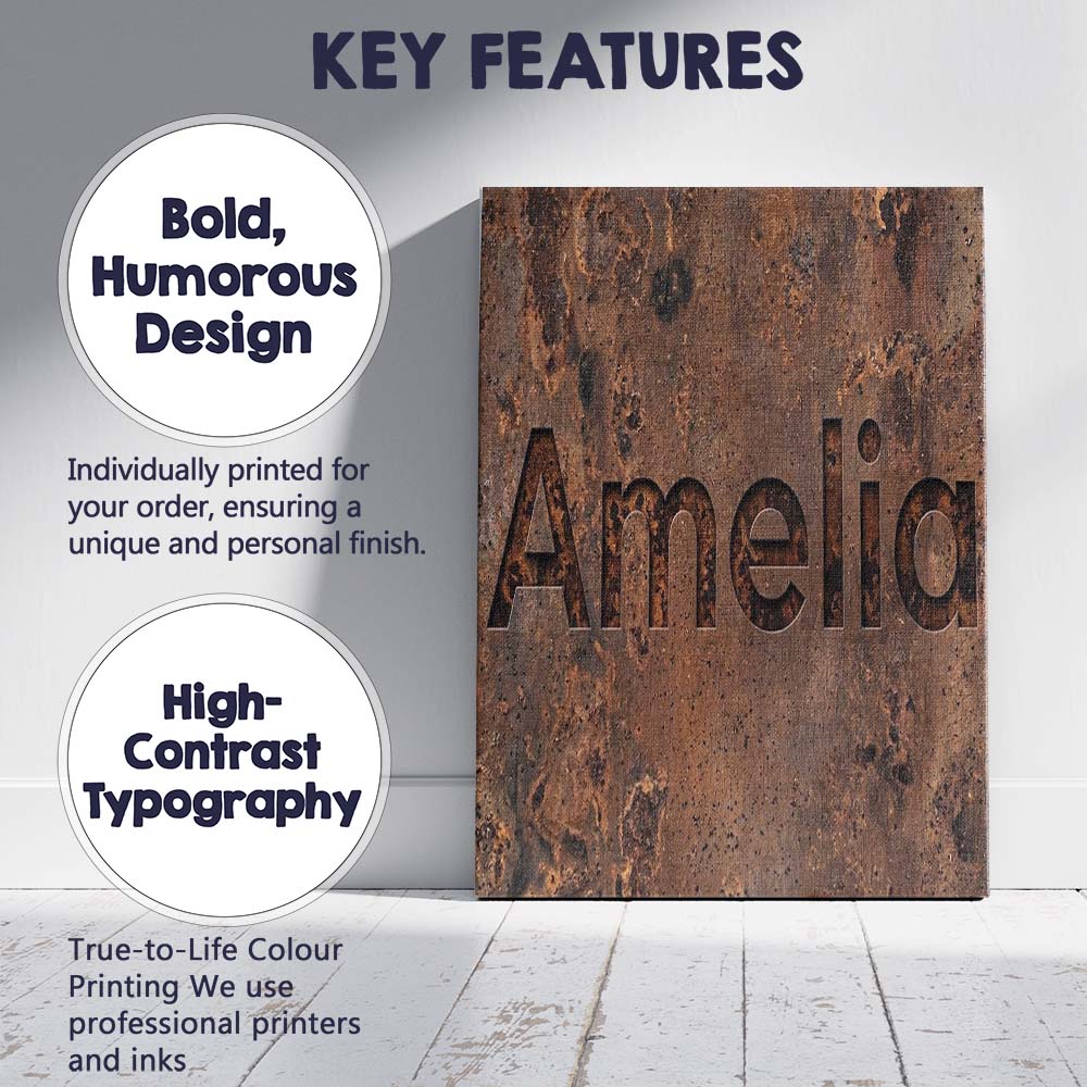 Personalised Name Dark Oxidised Metal Custom Modern Room Accent Creative Decorator Style Canvas Wall Art Print Decor Picture Ready to Hang