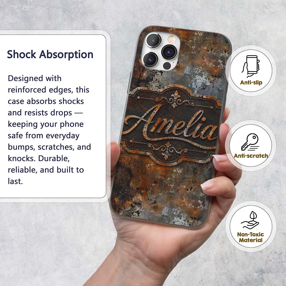 Blue Grey Rust Oxidation Texture Printed Design Custom Name Protective Phone Case Mobile Cover Durable Everyday Smartphone Shock Resistant