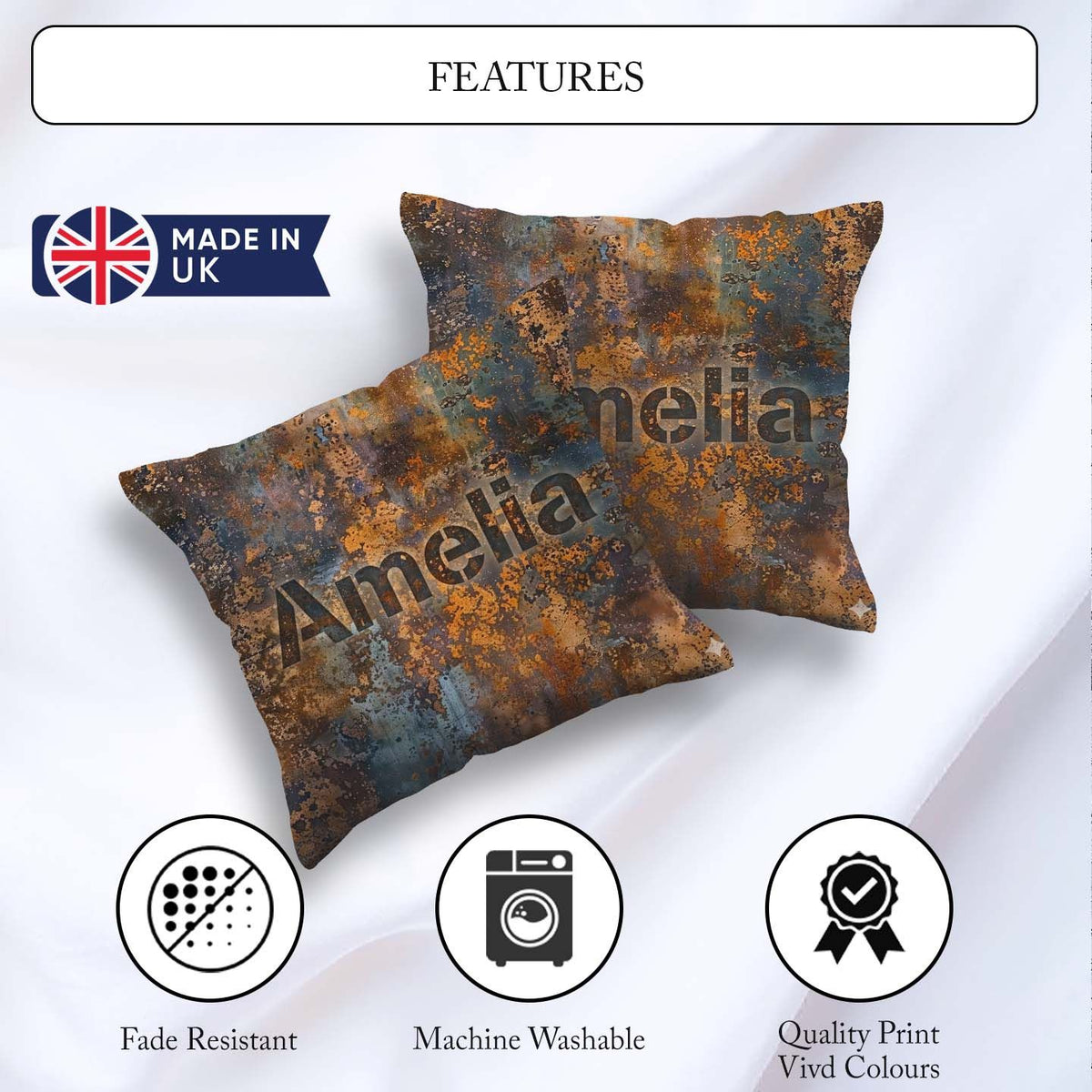 Custom Name Metal Rust Pattern with Gold Accents Seamless Grunge Square Filled Cushion Throw Pillow Sofa Bed Home Decor Zip Washable UK Made