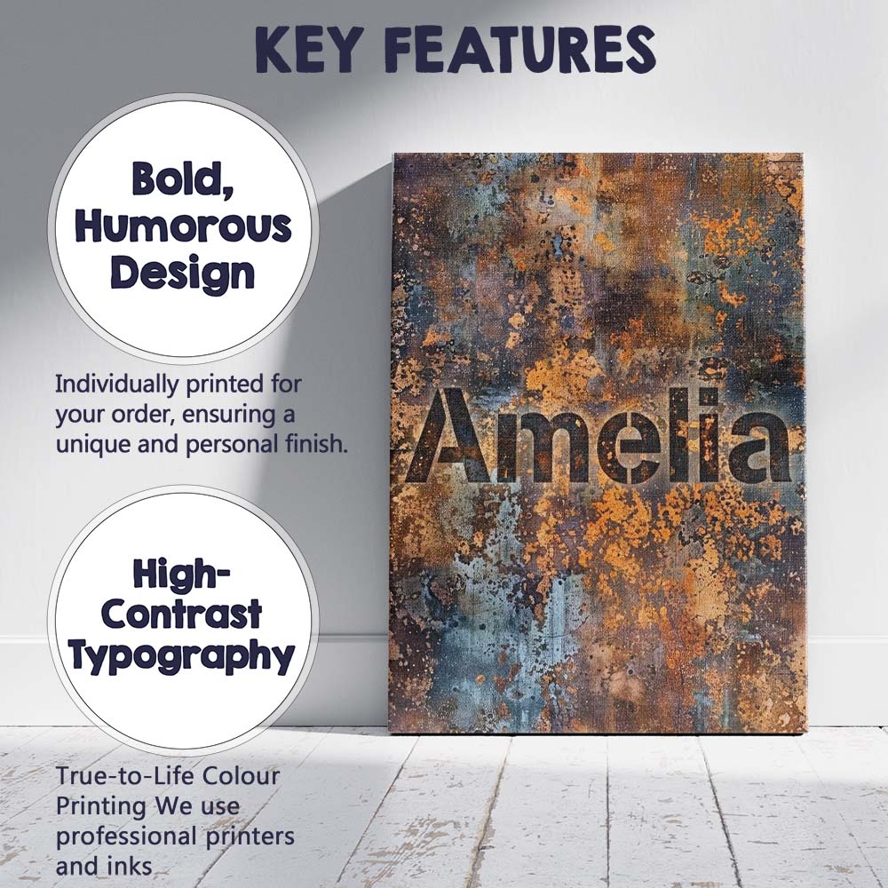 Personalised Name Distressed Metal Rust Custom  Modern Room Accent Elegant Feature Canvas Wall Art Print Decor Picture Ready to Hang