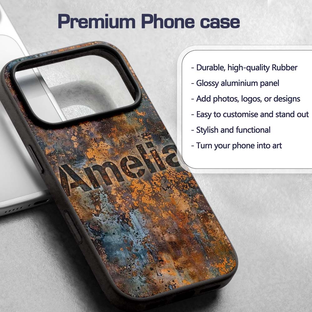 Distressed Metal Rust Pattern with Gold Accents Custom Name Protective Phone Case Mobile Cover Durable Everyday Smartphone Shock Resistant