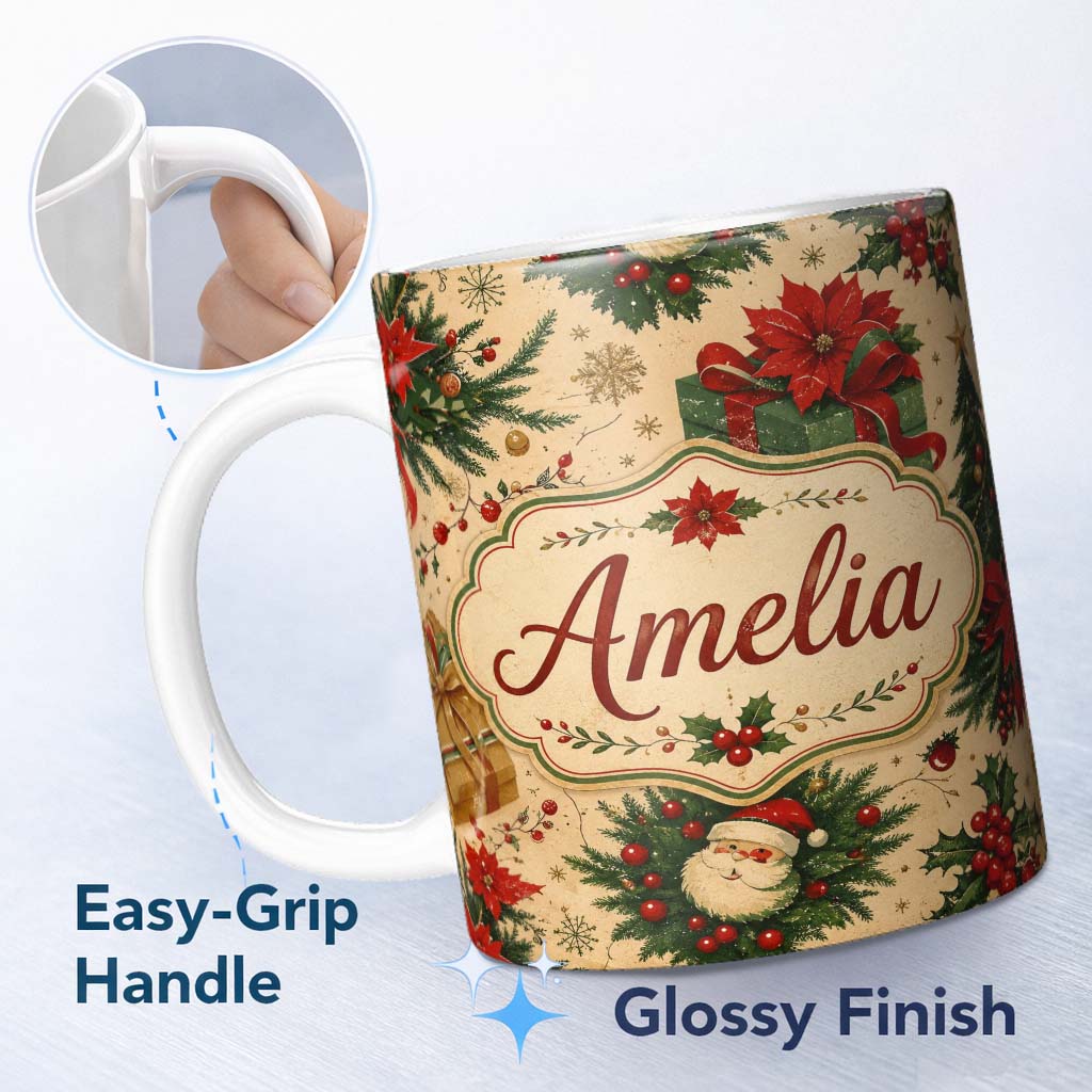 Personalized Custom Name Christmas Gift Boxes Pine Branch Holiday Seamless Pattern Lovely 11oz Ceramic Coffee Tea Mug White Large Handle