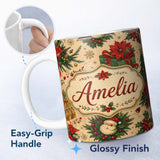 Personalized Custom Name Christmas Gift Boxes Pine Branch Holiday Seamless Pattern Lovely 11oz Ceramic Coffee Tea Mug White Large Handle